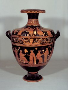 イタリア、プーリア州（粘土）の女性の四分の一（gynaikonites）のシーンを含む赤像式のアジサイ 作： Varese Painter attr. to Varese Painter attr. to